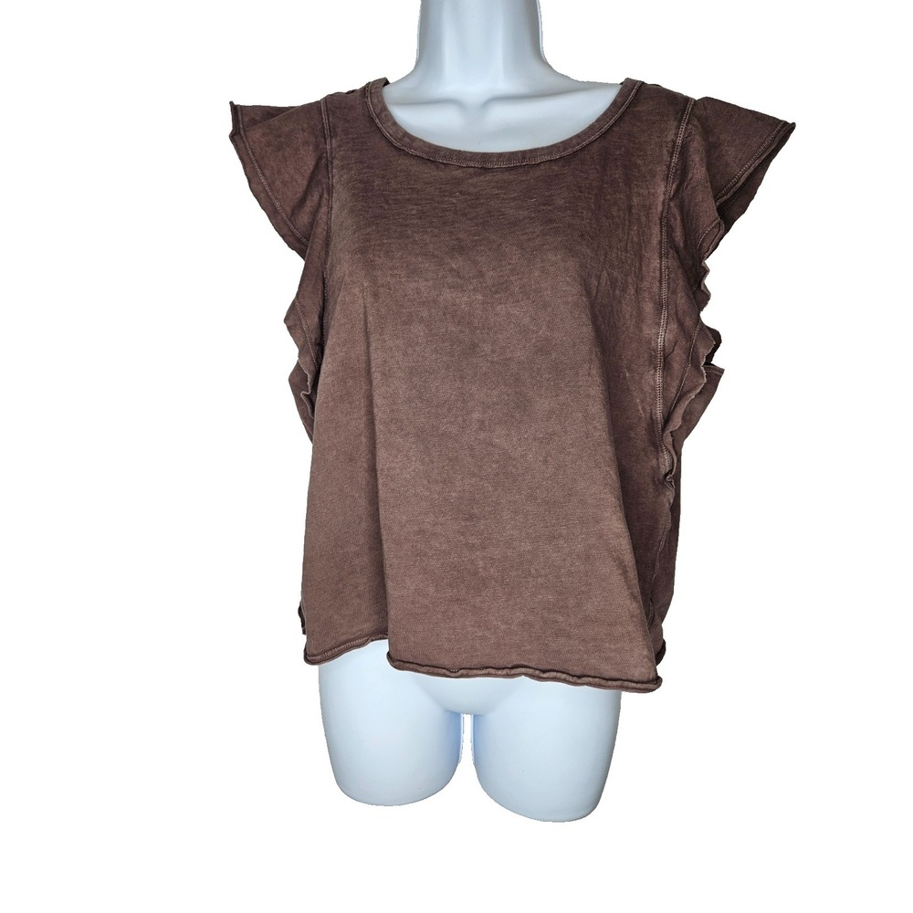 Aerie Brown‎ Ruffle Sleeve Top L 100% Cotton Gauze Boho Cottagecore Soft grunge